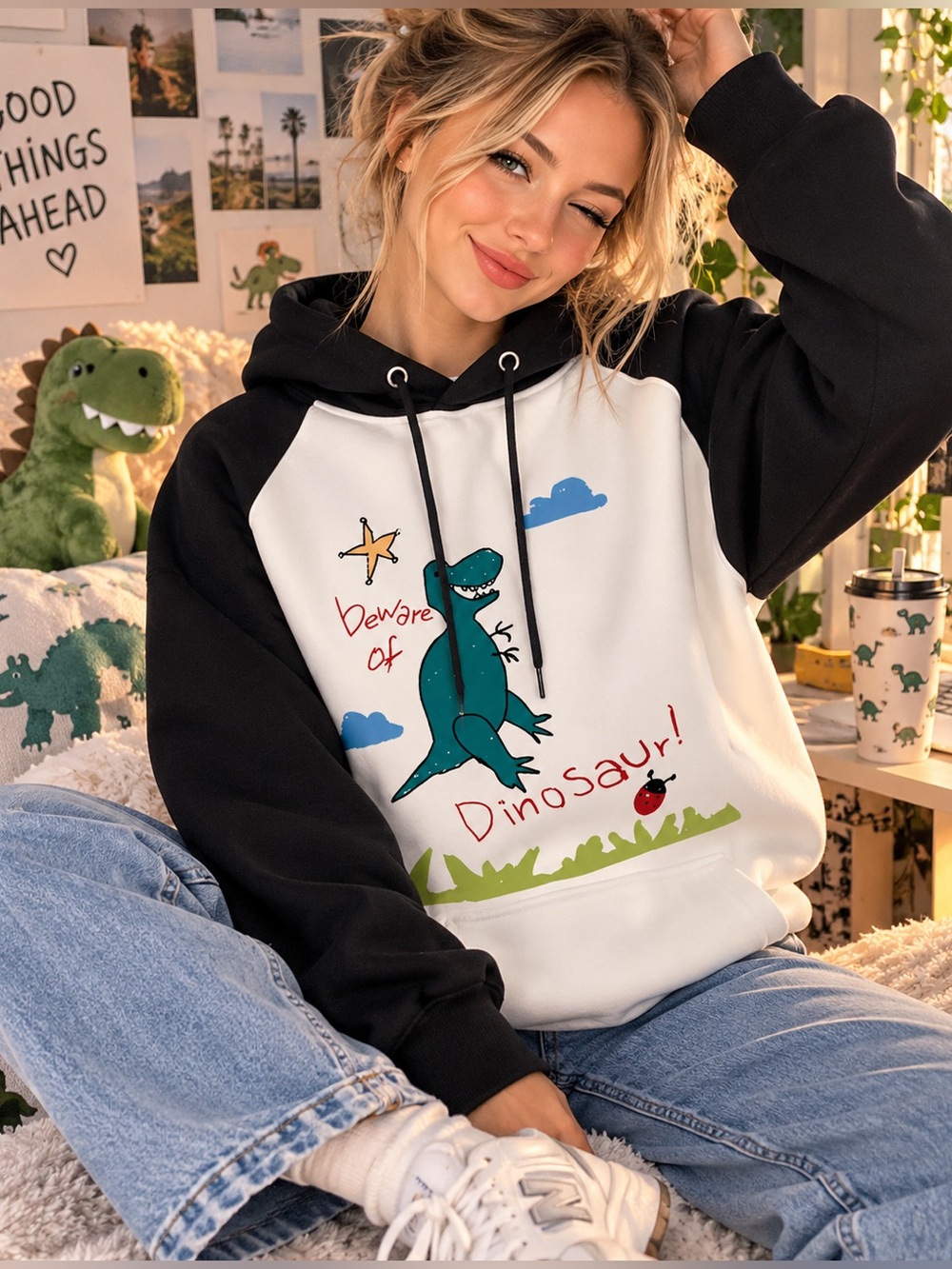 New Black & White Dinosaur Hoodie - Beware of Dinosaur!